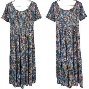 Natural Life Daisy Tiered Midi Sun Dress Blue Floral Multi Shirred Boho Cottage
